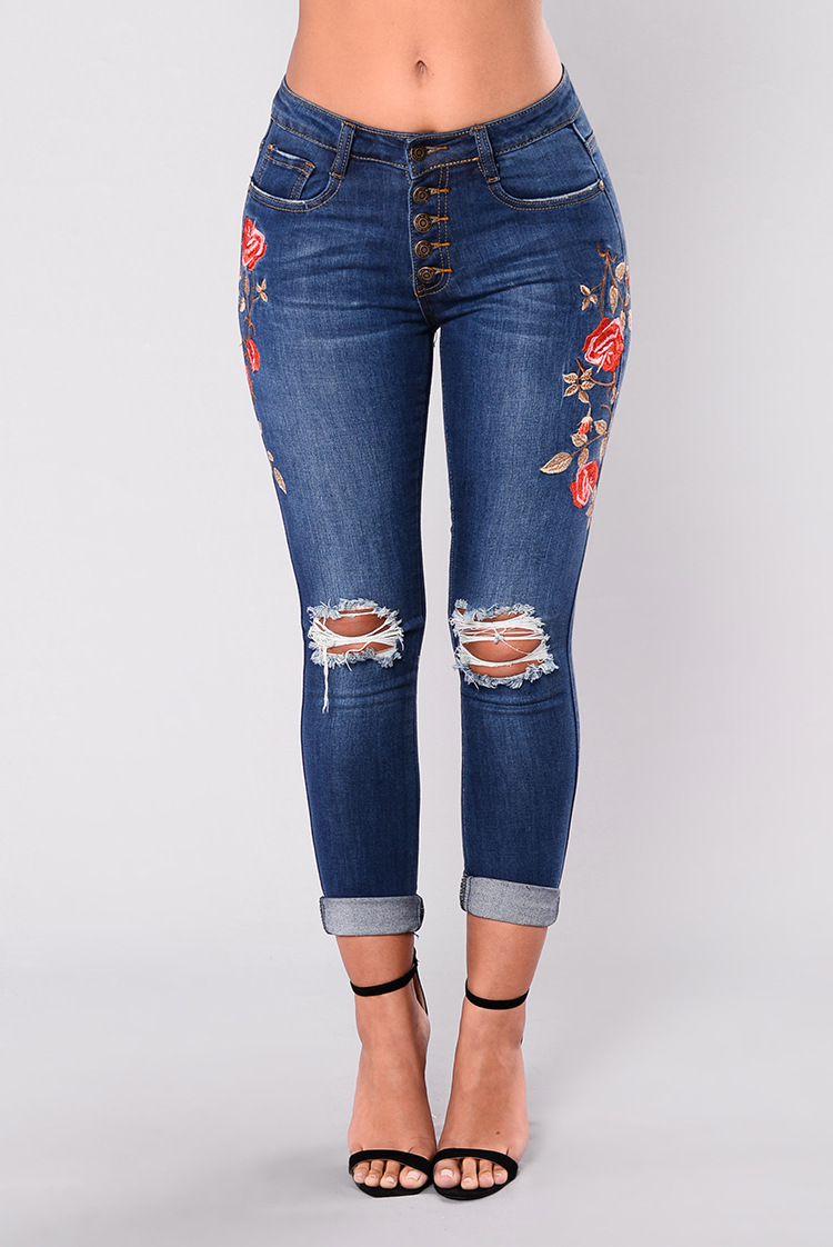 SZ60118 Womens Rose Embroidered Ripped Denim Skinny Jeans With Pocket